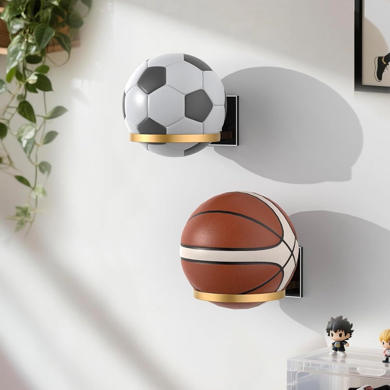 UoYeet Ball Holder Wall Mount for Basketball, Soccer, Football & Volleyball, Wall-Mounted Ball Display Rack with Acrylic Base & Gold Metal Ring, Sports Ball Storage for Boys Room, Garage, Gym, Office - Image 4